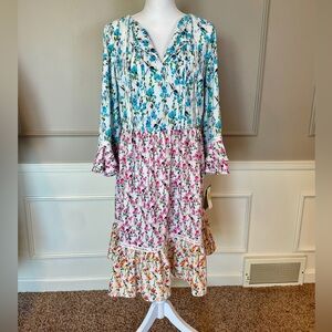 Maison Tara NWT 16W Dress Mixed Media Floral Print Cottagecore Bell Sleeve $118